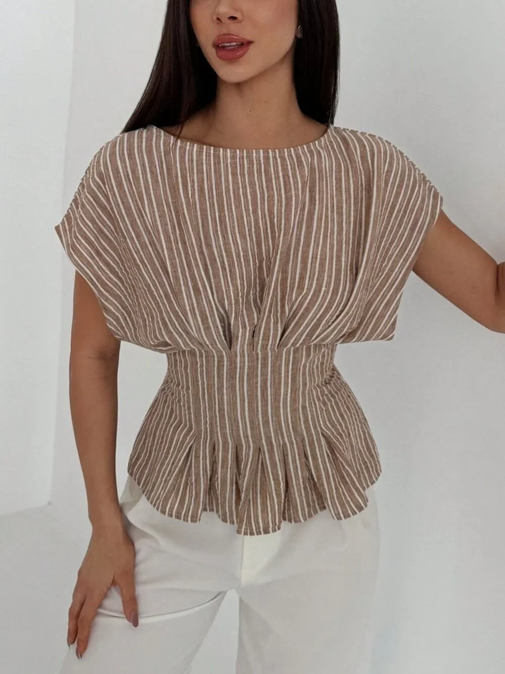 Apricot Casual Women's Round Neck Striped Short Sleeve Shirt with Cinched Waist